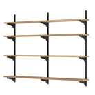 4 tier wall mounted wooden shelves and black metal brackets on a white background