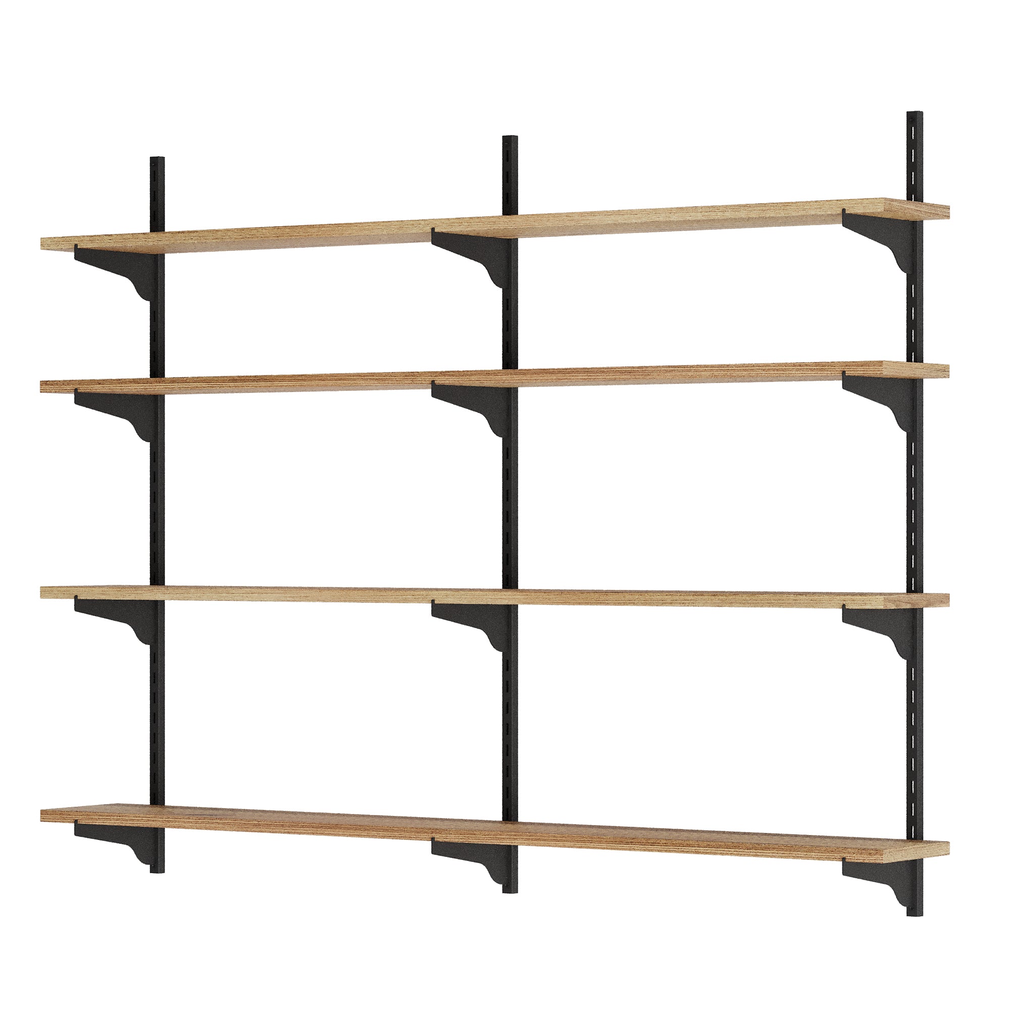 4 tier wall mounted wooden shelves and black metal brackets on a white background