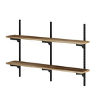 Two-tier adjustable shelving unit with black metal rails and natural wood boards, showcasing its clean and sturdy design.