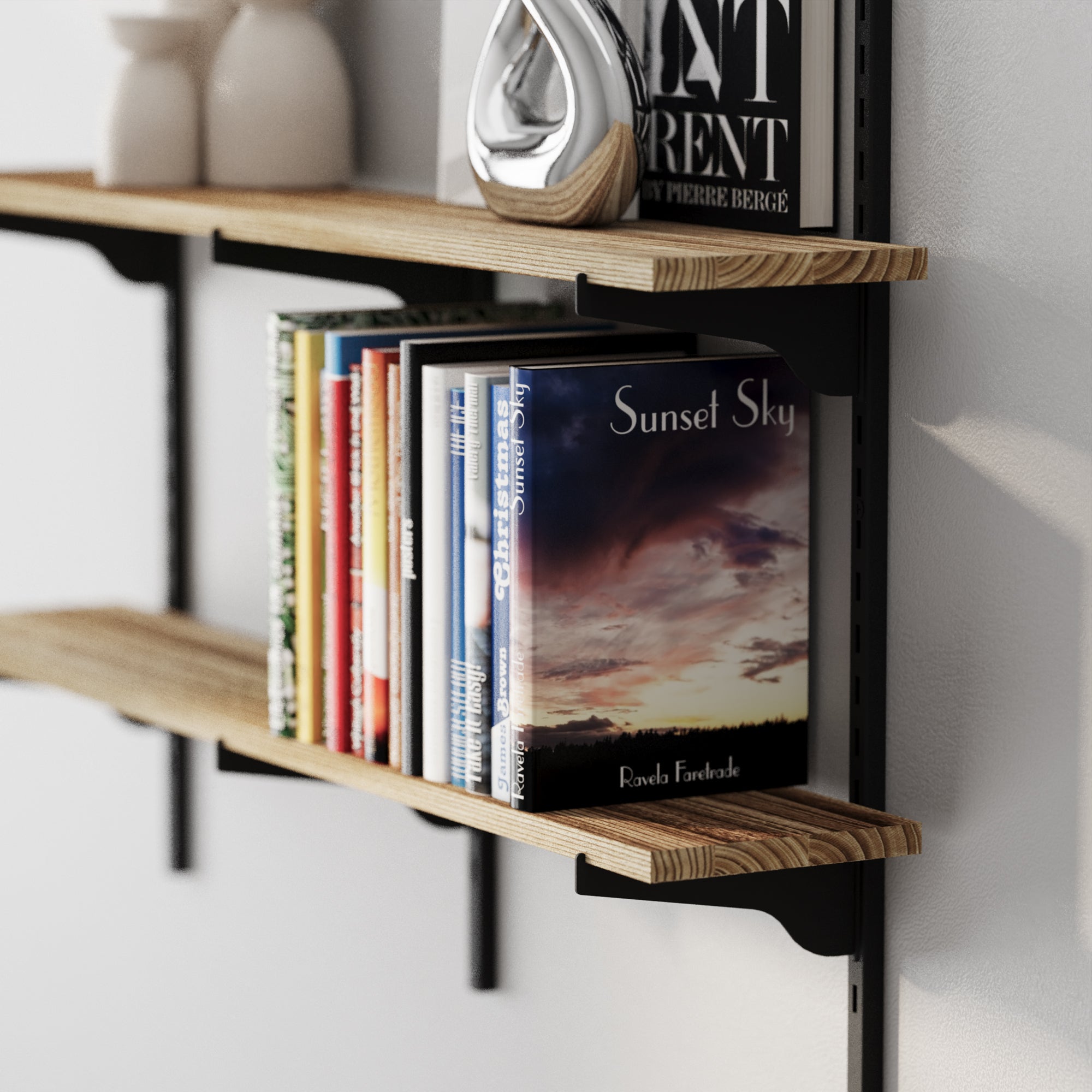 Adjustable shelving system showing natural wood grain, black steel brackets, and neatly aligned books for a modern, minimal look.