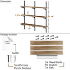 Dimension and parts layout displaying 36"x6"x0.6" wood boards, 36" tall rails, screws, anchors, 9 brackets, and 3 boards with an installation manual included.
