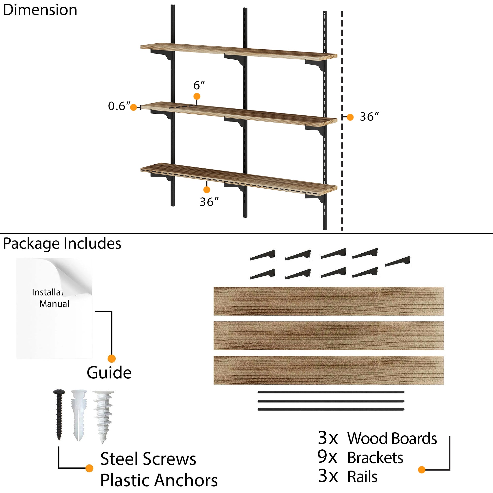 Dimension and parts layout displaying 36"x6"x0.6" wood boards, 36" tall rails, screws, anchors, 9 brackets, and 3 boards with an installation manual included.