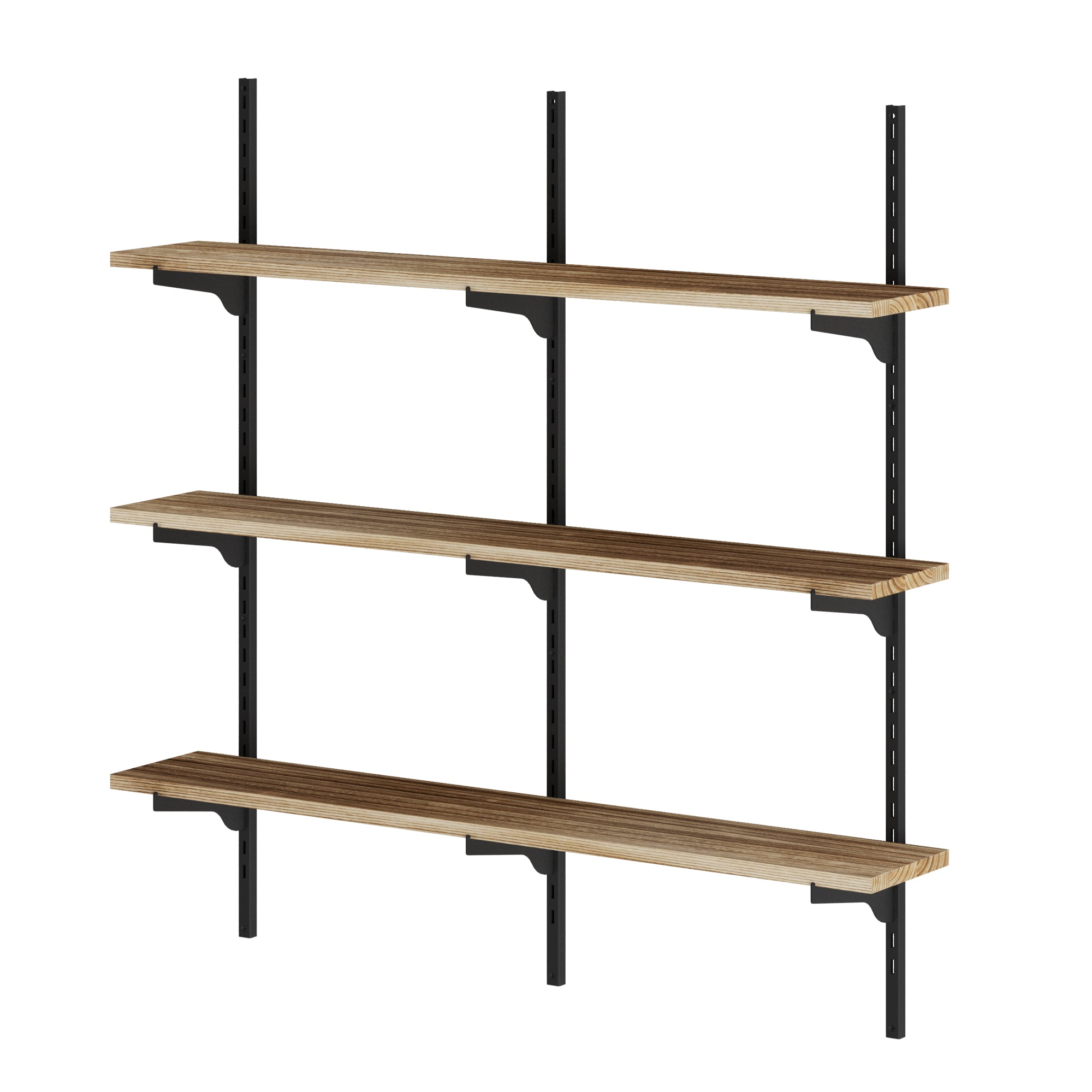A three-tier adjustable shelving unit with black steel rails and warm-toned wood boards, ideal for modern, rustic, or industrial interiors.