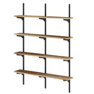 A four-tier adjustable shelving unit with black steel rails and warm wood boards, ideal for modern, rustic, or industrial interiors.