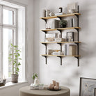 Bright, airy living room featuring a 4-tier shelving unit with wood boards and black brackets, styled with neutral-toned decor, books, and plants near a large window.
