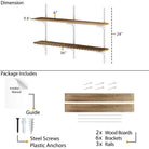 36" long shelving unit system with dimensions and package contents including wood boards, brackets, and screws.