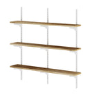 3 tier wall-mounted shelving unit with wooden shelves and white metal brackets on a white background