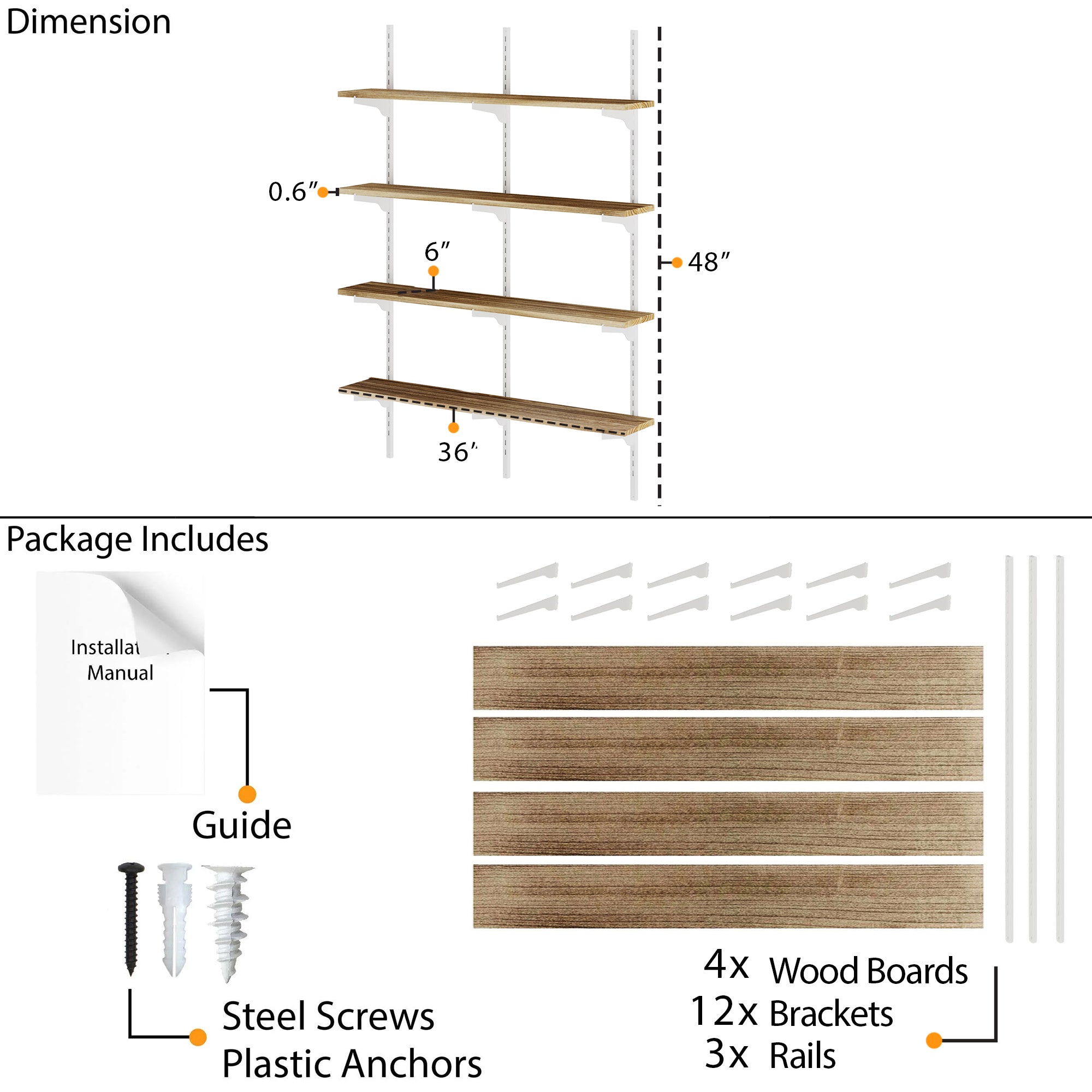 4 tier wall bookshelf unit system with dimensions and package contents as Paulownia boards, steel screws, plastic anchors, rails, and white metal brackets listed.