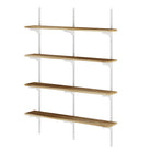 4 tier rustic shelves with metal brackets on a white background