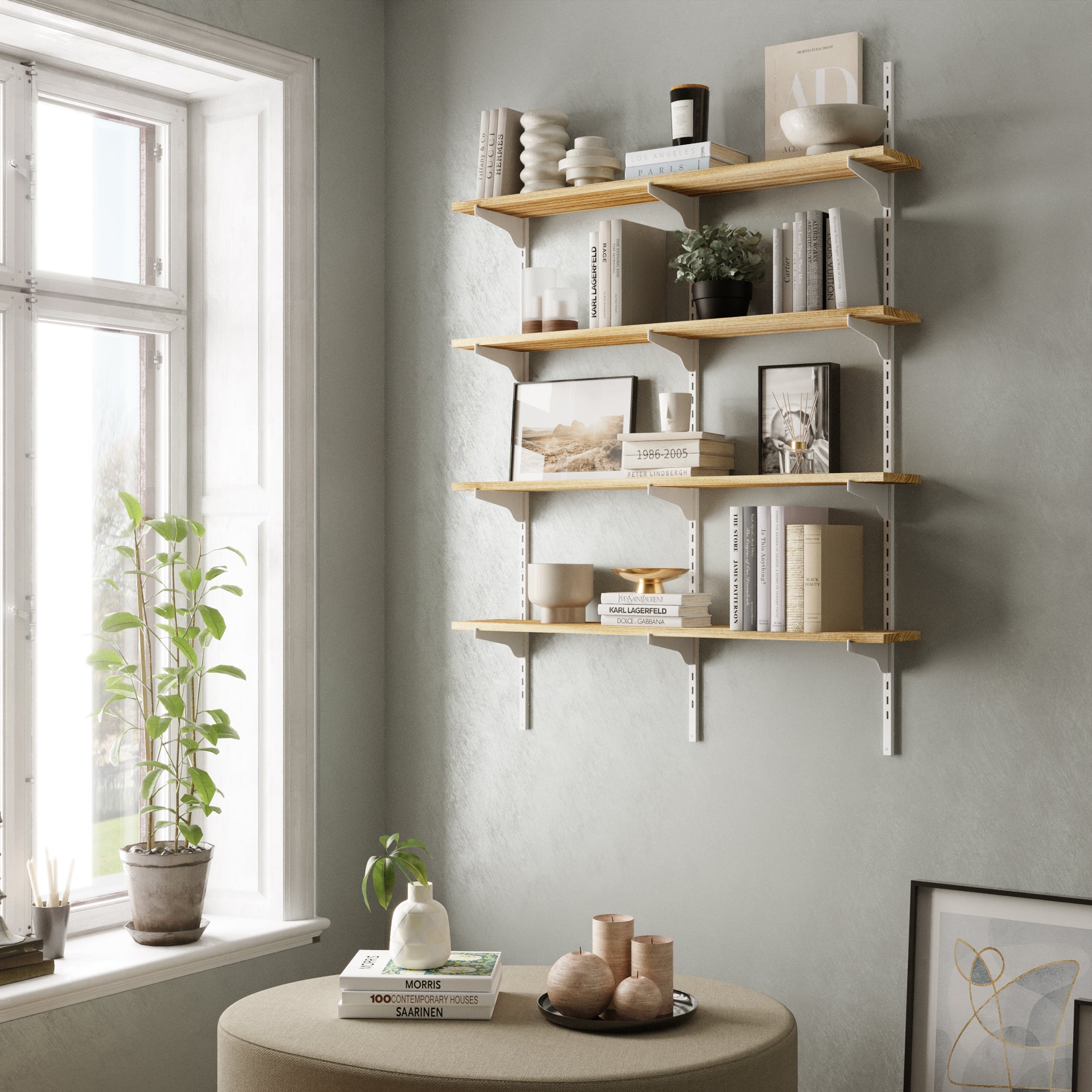 Wall-mounted shelving unit with books, plants, and decor items in a beautiful living room setup with a window.