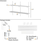 White shelving unit with dimensions and package contents including shelves, wood boards, brackets, and screws.