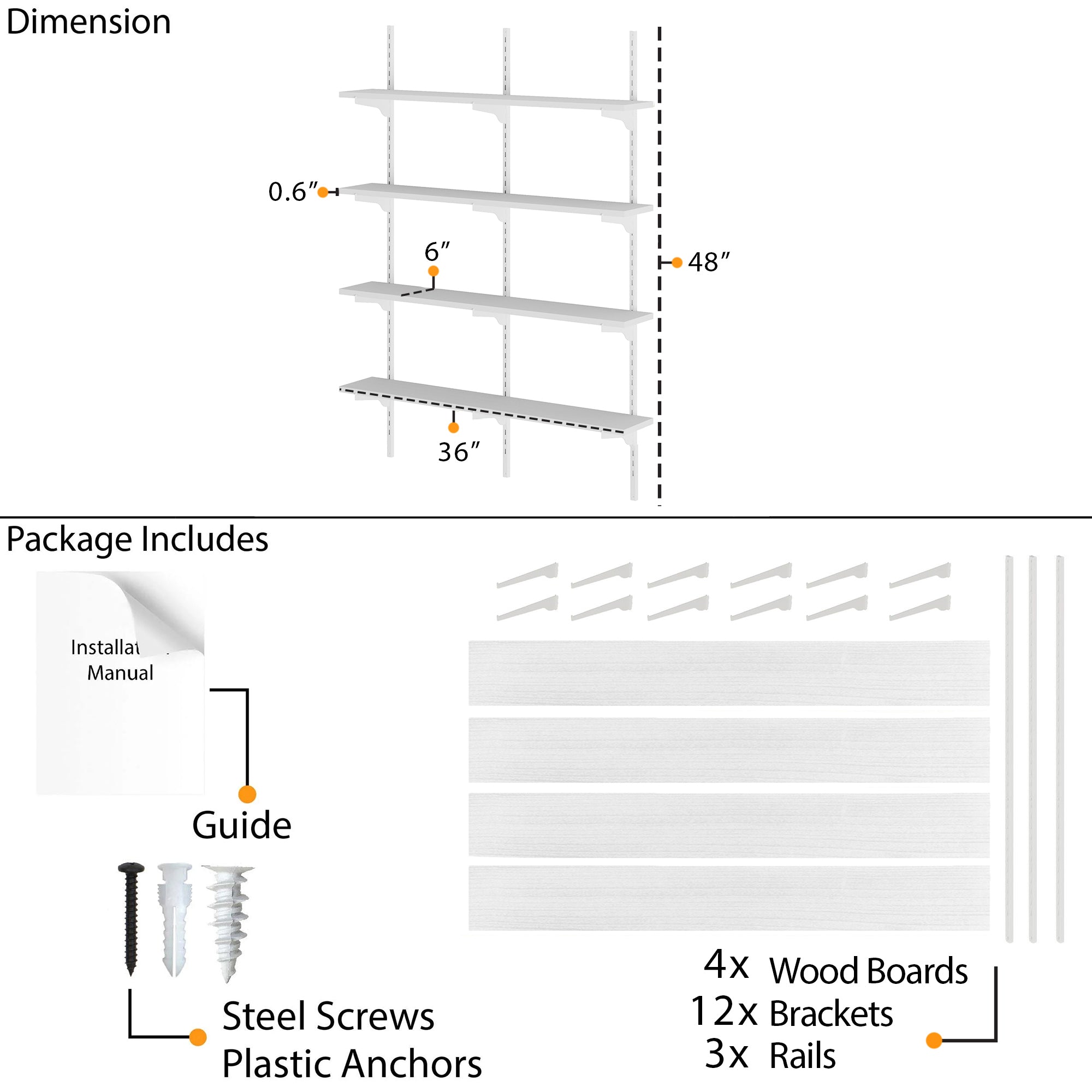 Shelving system with dimensions and package contents listed.