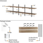 72" long and 10" deep wall-mounted shelving system with dimensions and package contents listed.