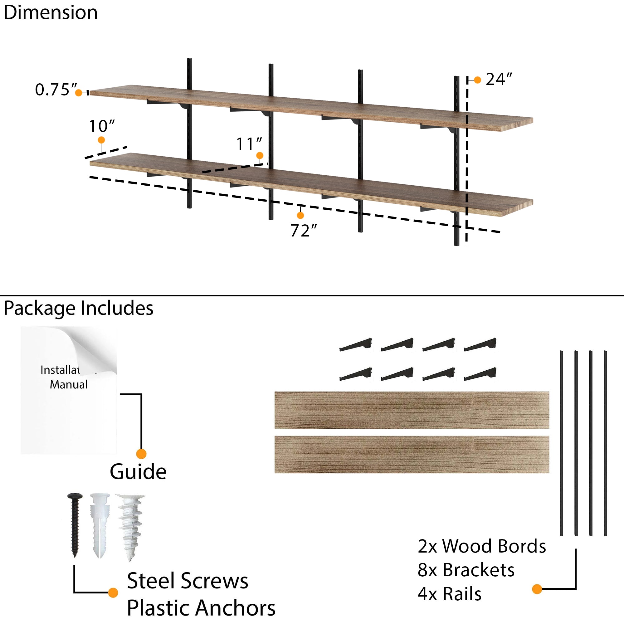 72" long and 10" deep wall-mounted shelving system with dimensions and package contents listed.