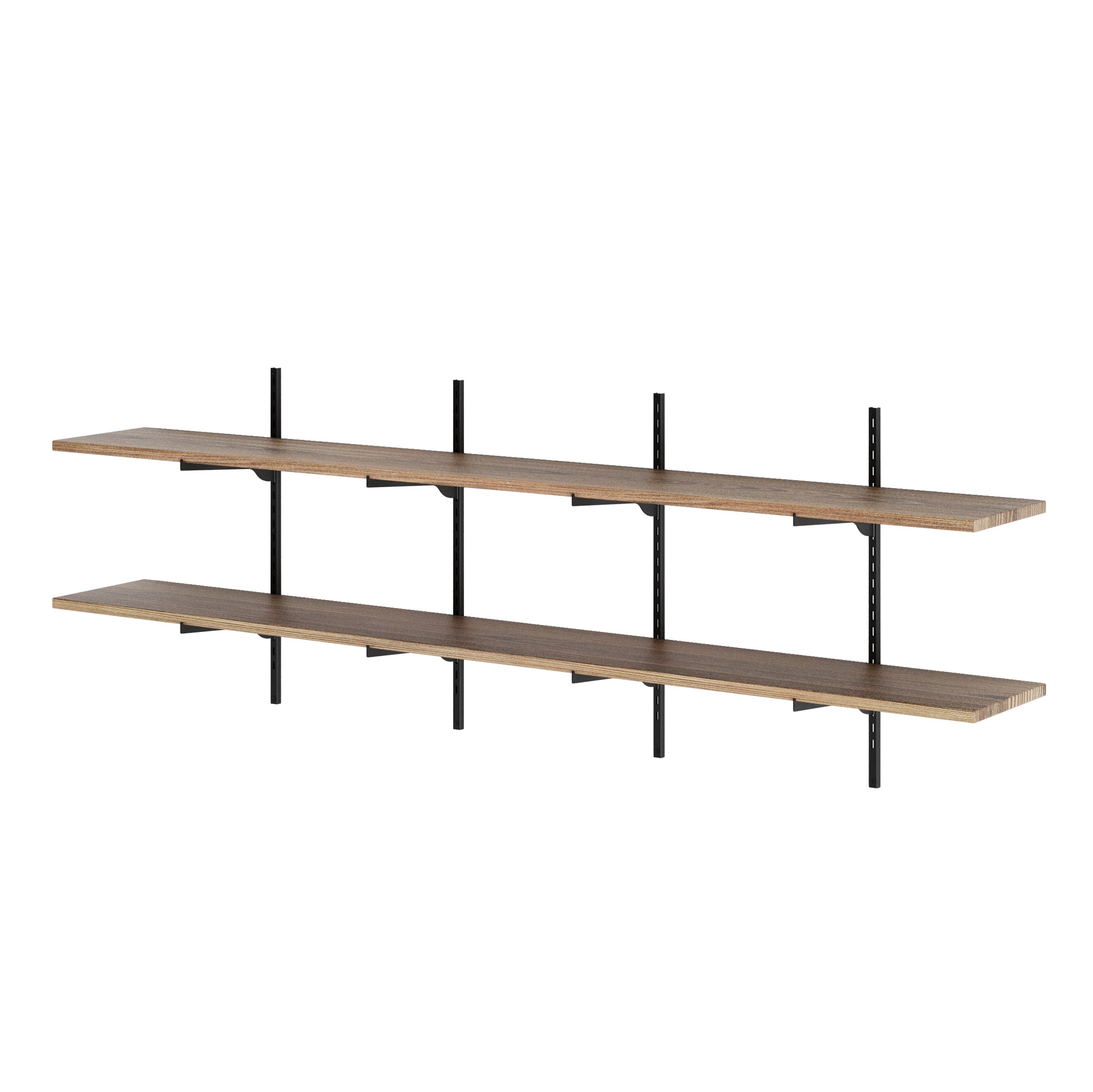 2 tier rustic shelving systemwith metal brackets on a white background