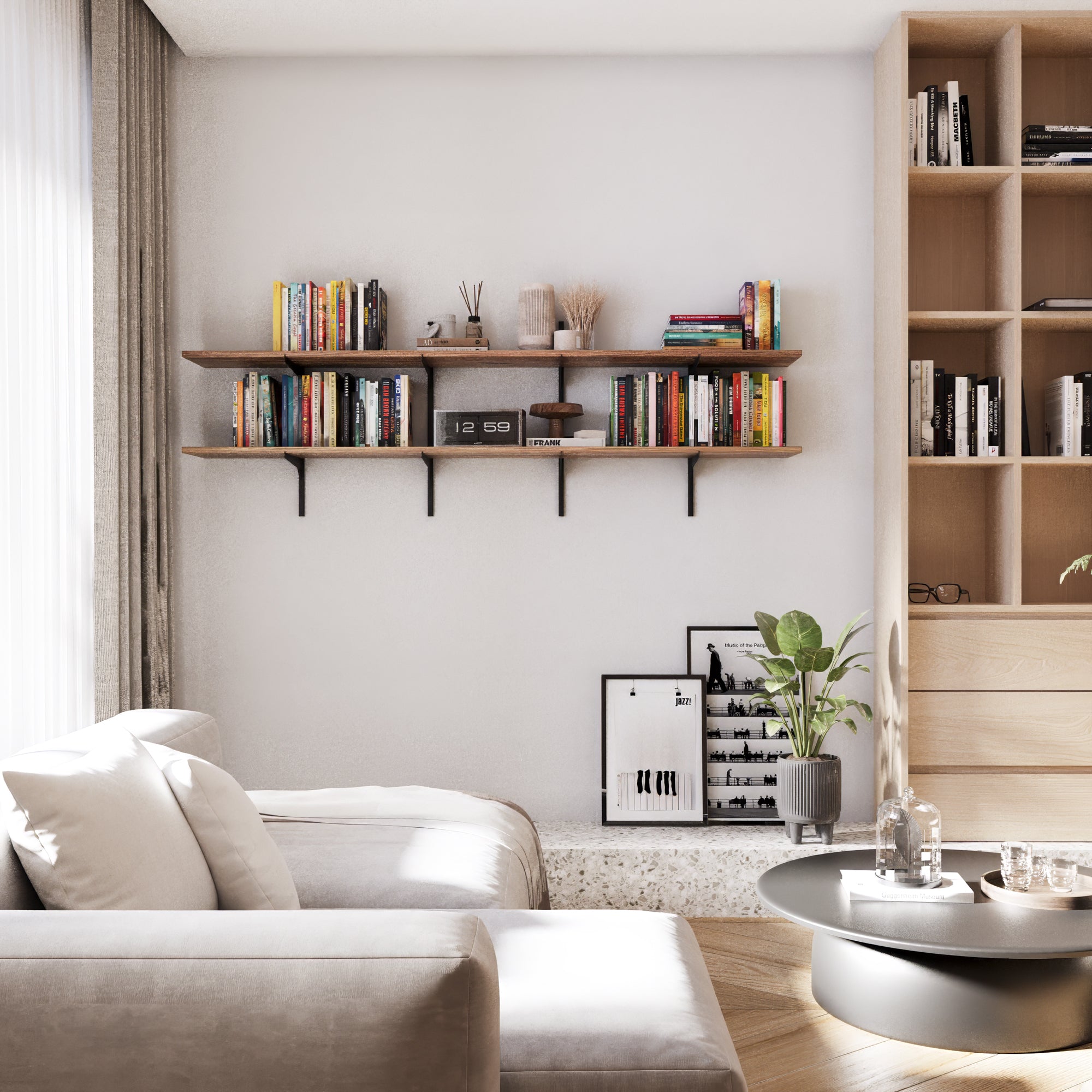 Modern living room decor with a farmhouse setup adjustable bookshelf, sofa, and coffee table.