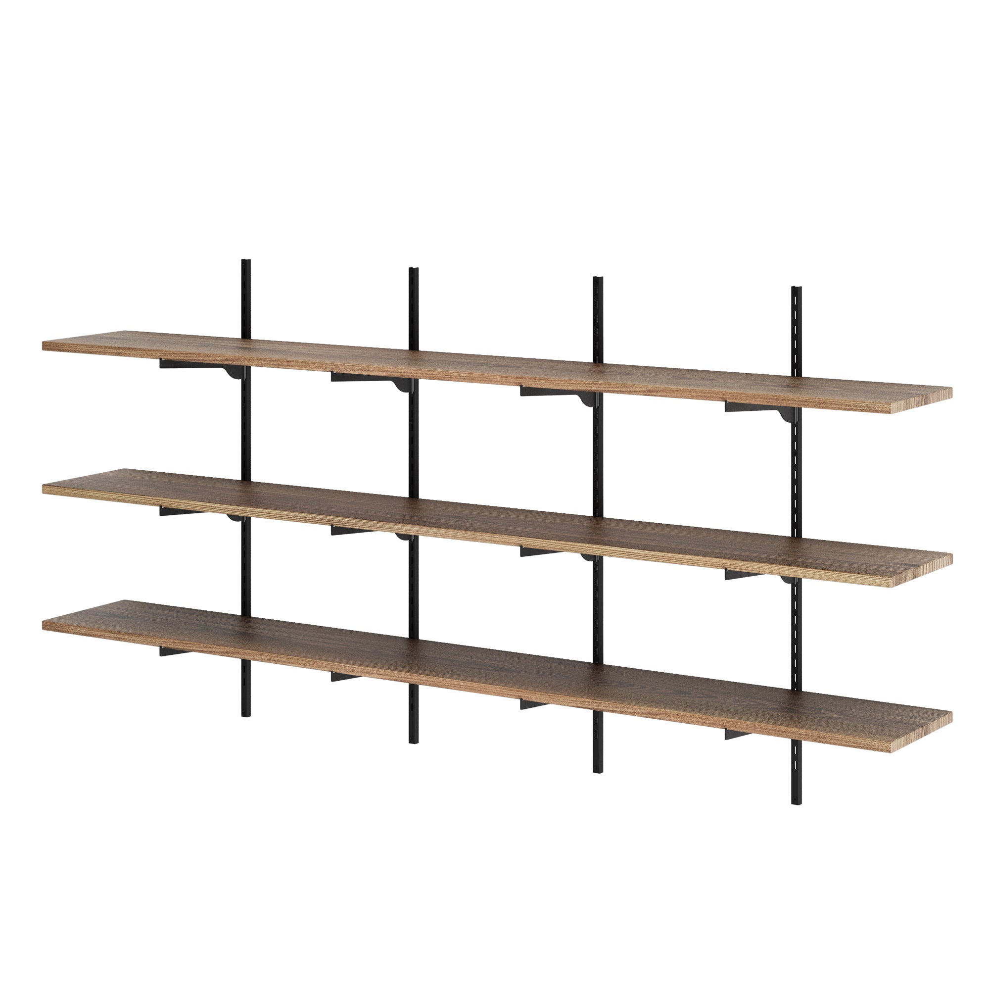 3 tier wall book shelf with black metal brackets on a white background