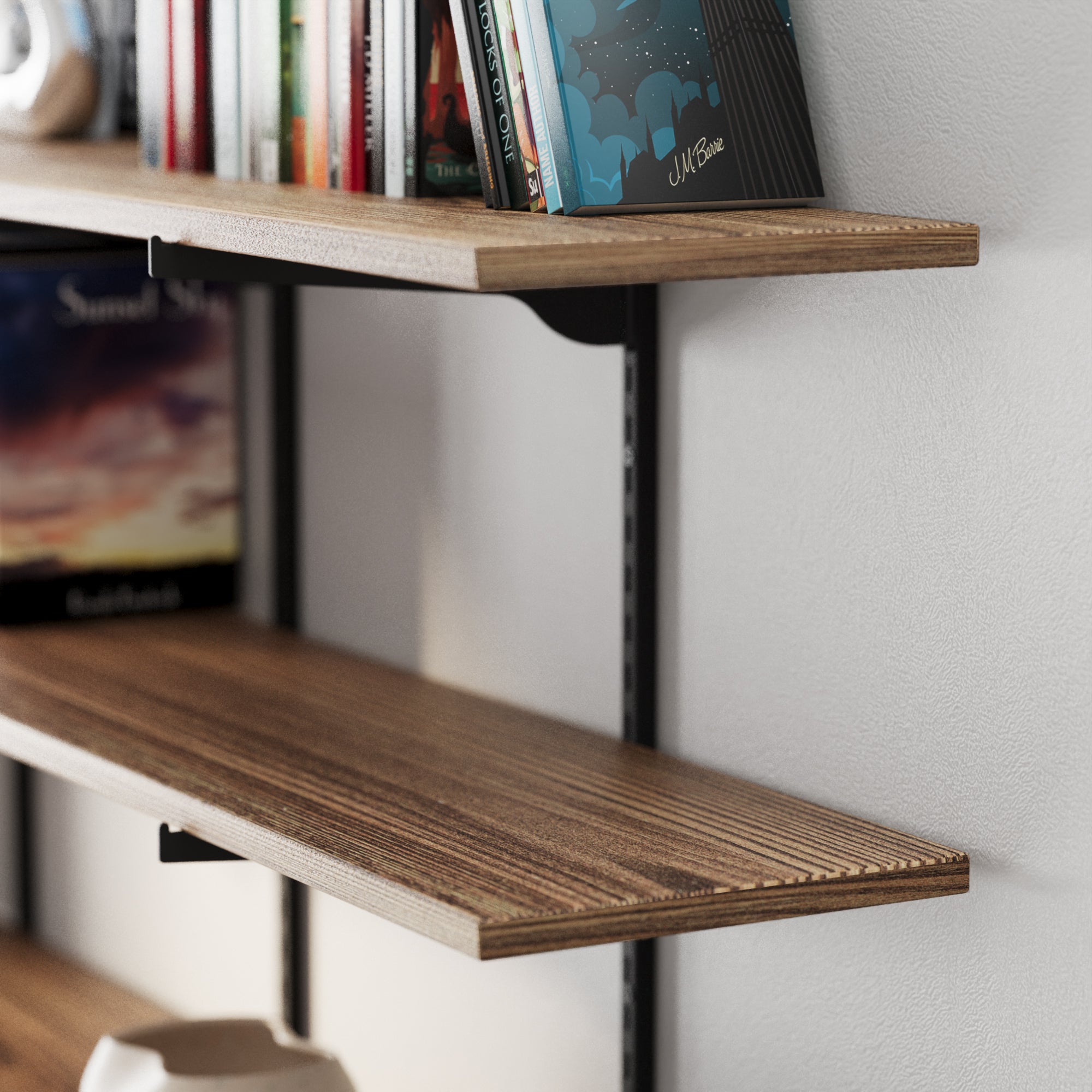 Adjustable shelves with books on a white wall