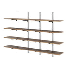 Set of 4 tiered and 72 inch long wooden shelves with black metal brackets on a white background