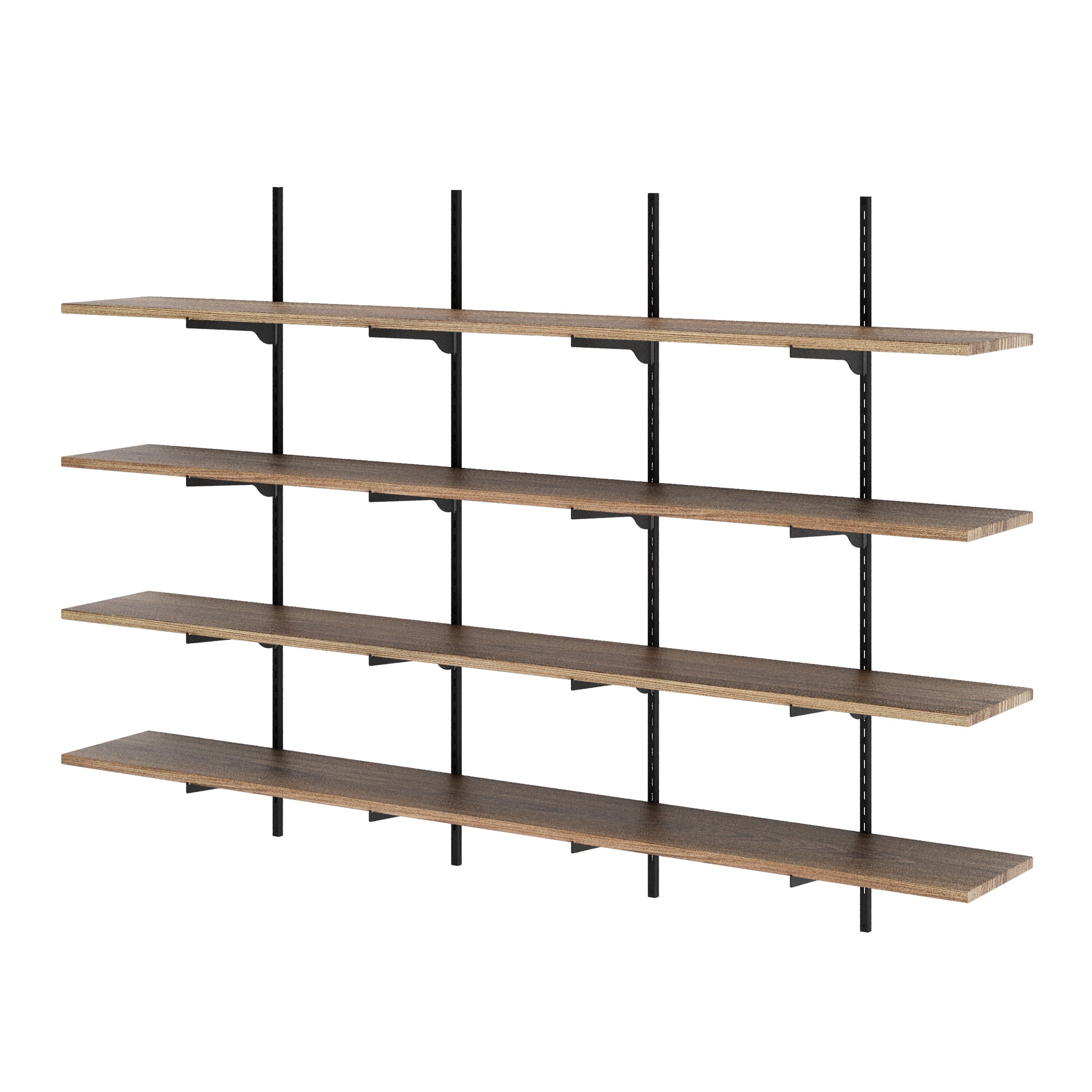 Set of 4 tiered and 72 inch long wooden shelves with black metal brackets on a white background