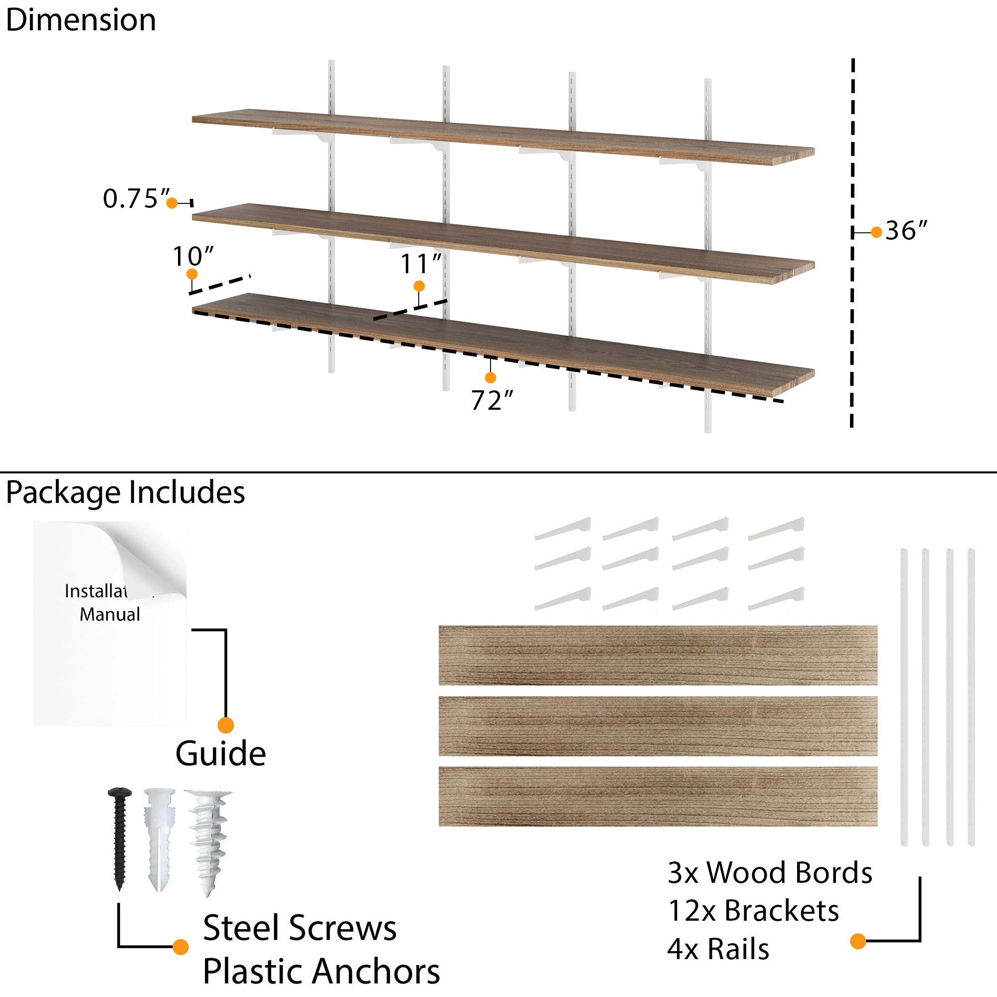 Shelving system with dimensions and package contents including wood boards, brackets, screws, and a guide.