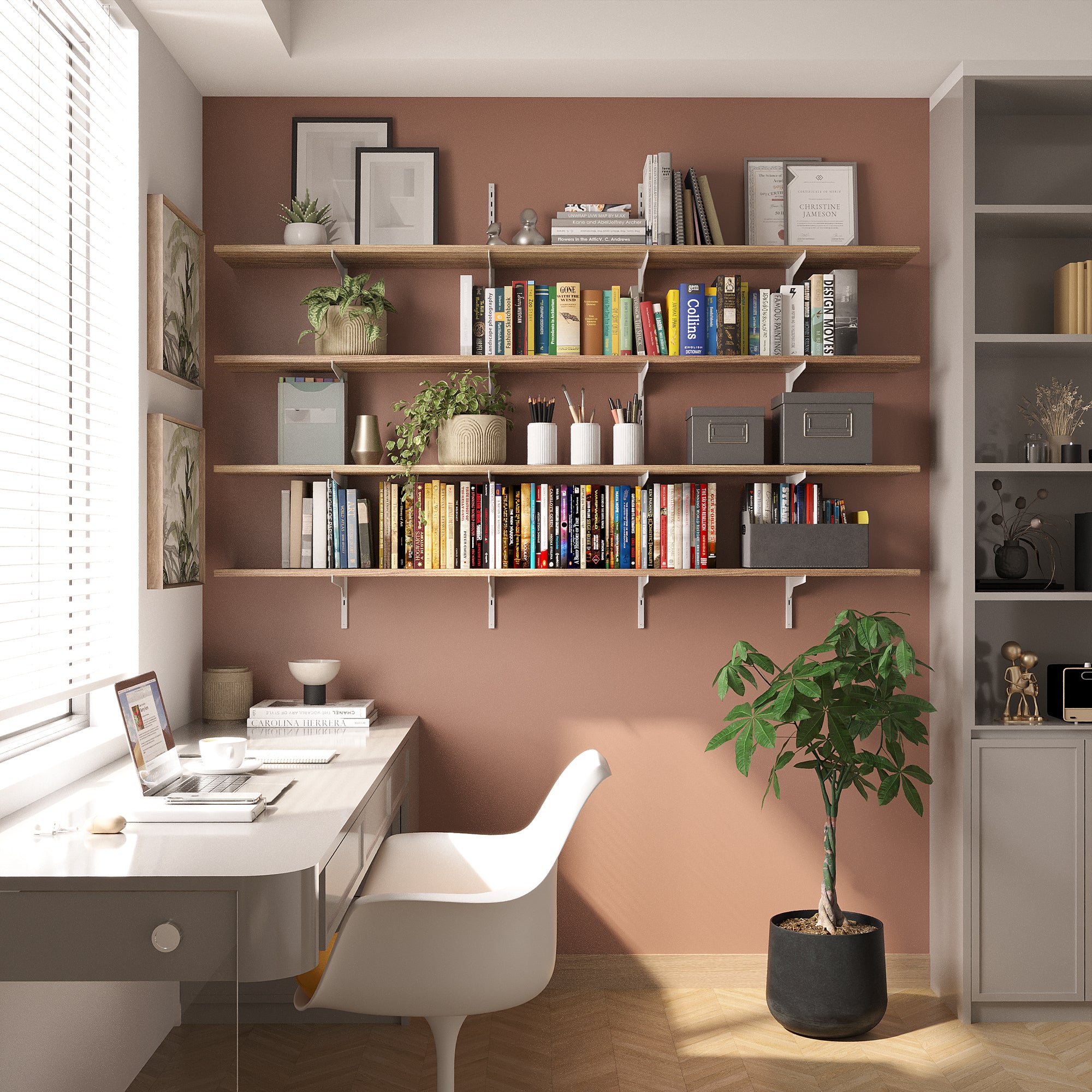 Modern home office with floating bookshelves, desk, and chair.