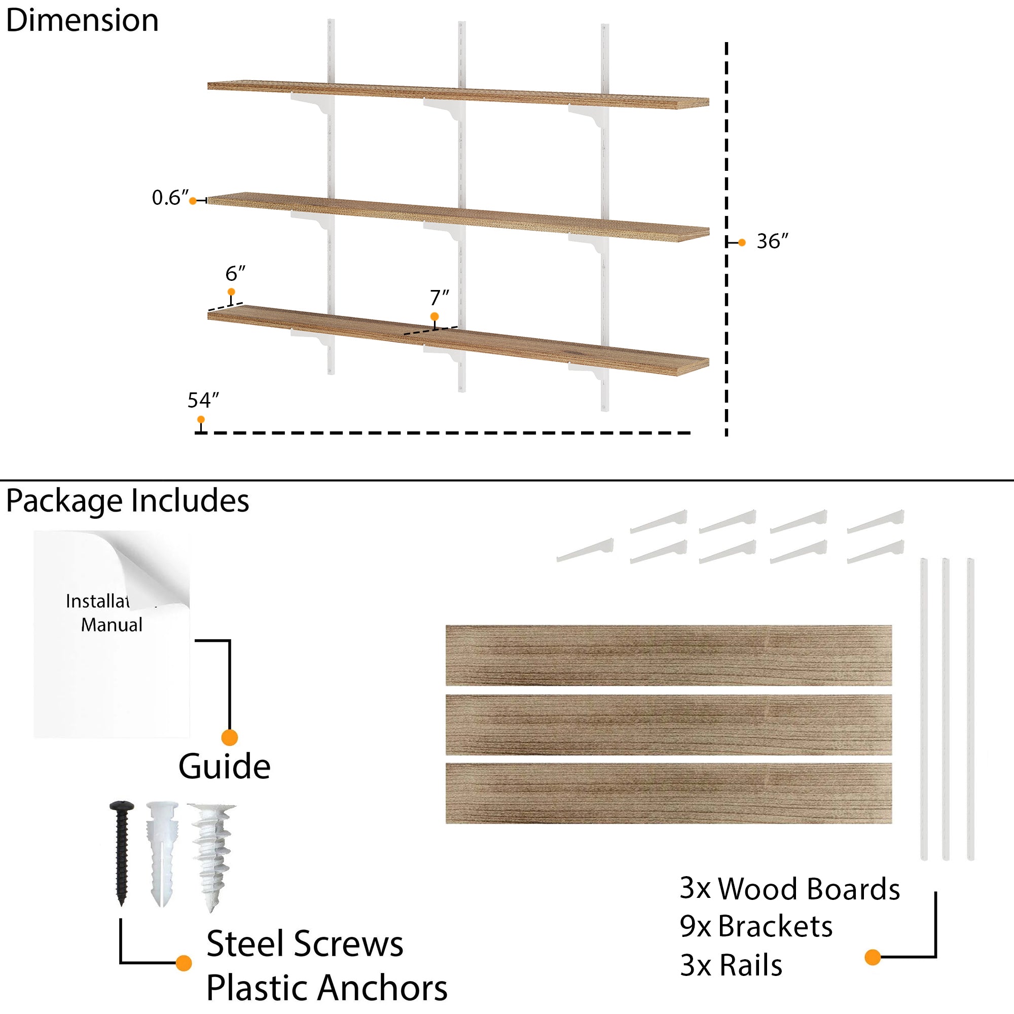Dimension and package layout showing 54"x6"x0.6" wood boards, 36" rail height, 9 brackets, screws, anchors, and installation guide included for easy setup.