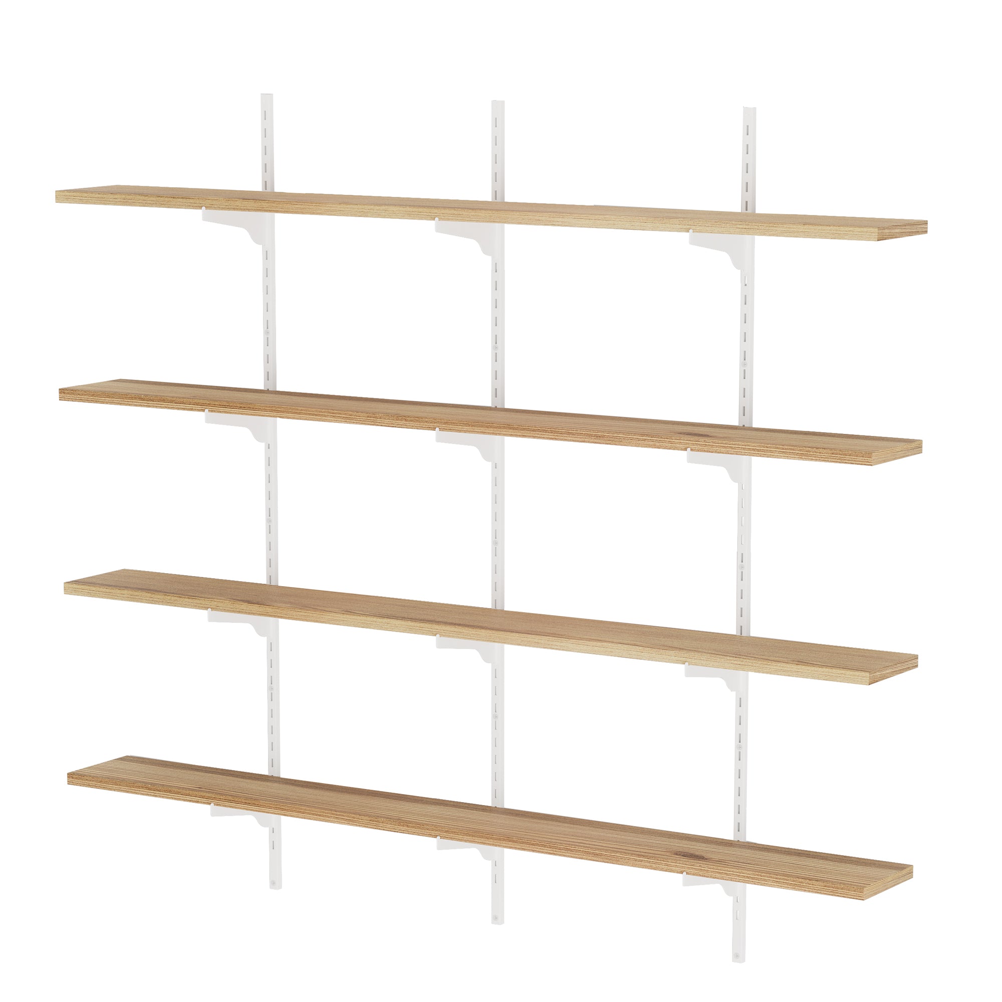 Set of four wooden shelves with white brackets on a white background