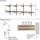 Dimension and package layout showing 60"x10"x1" wood boards, 24" rail height, 8 brackets, screws, anchors, and installation guide included for easy setup.