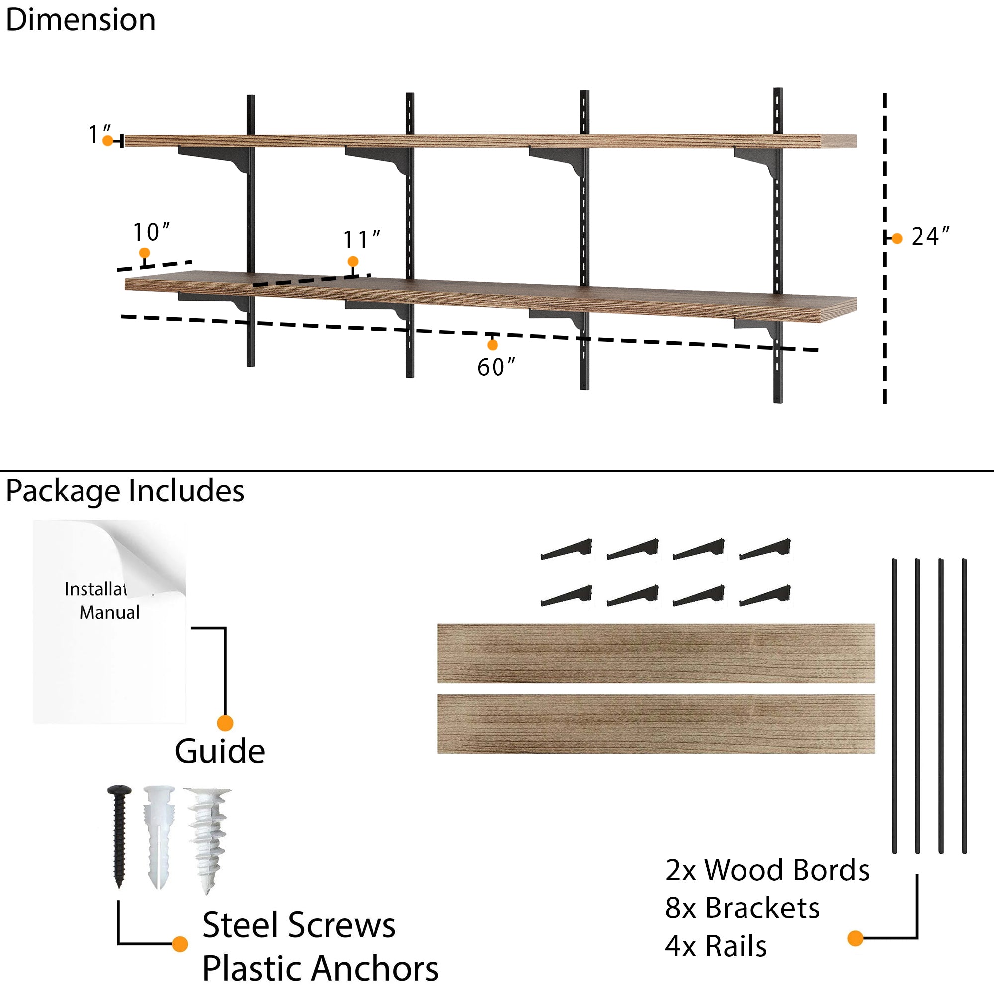 Dimension and package layout showing 60"x10"x1" wood boards, 24" rail height, 8 brackets, screws, anchors, and installation guide included for easy setup.