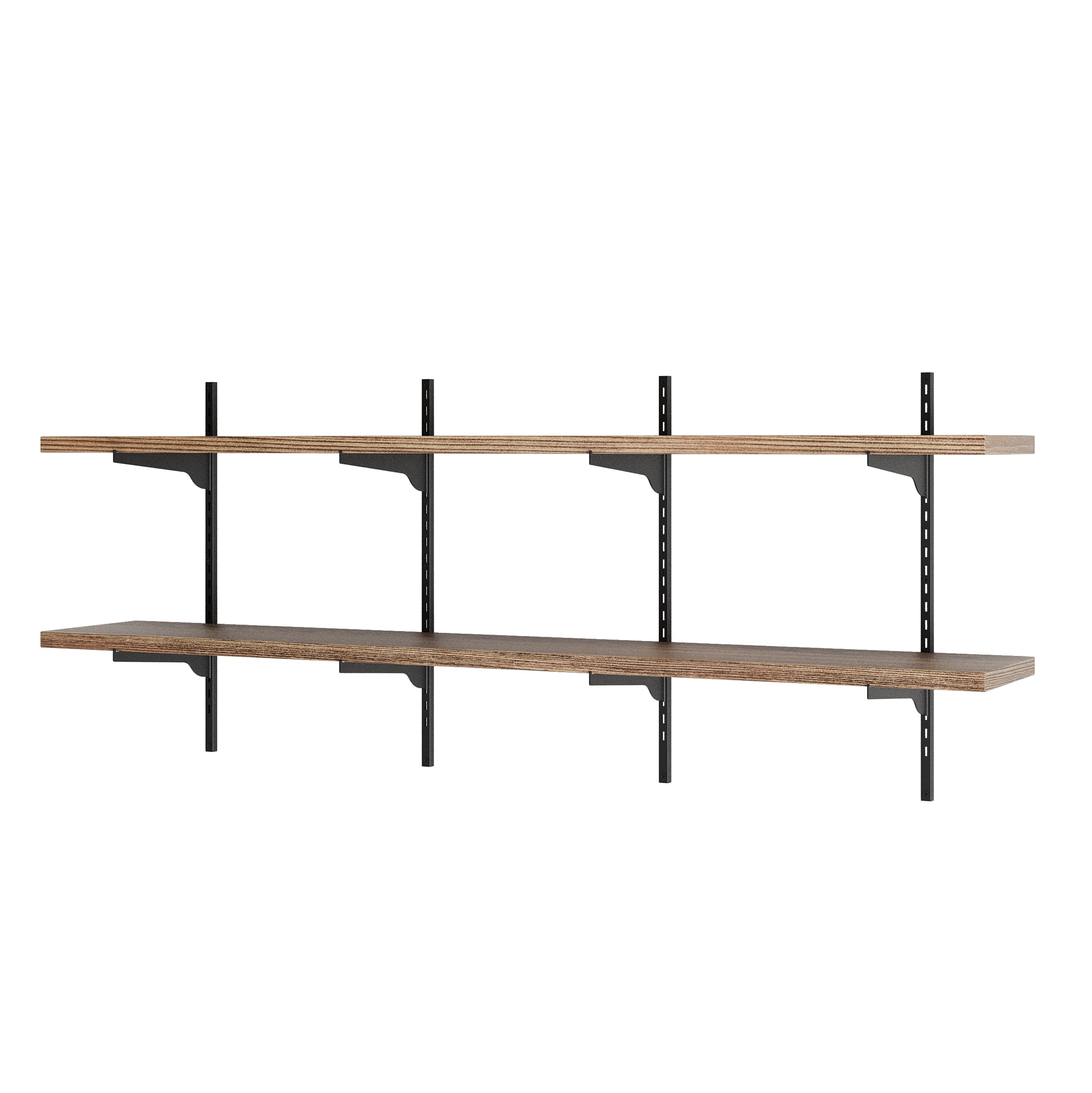 Wall-mounted shelving unit with wooden shelves and metal brackets on a white background