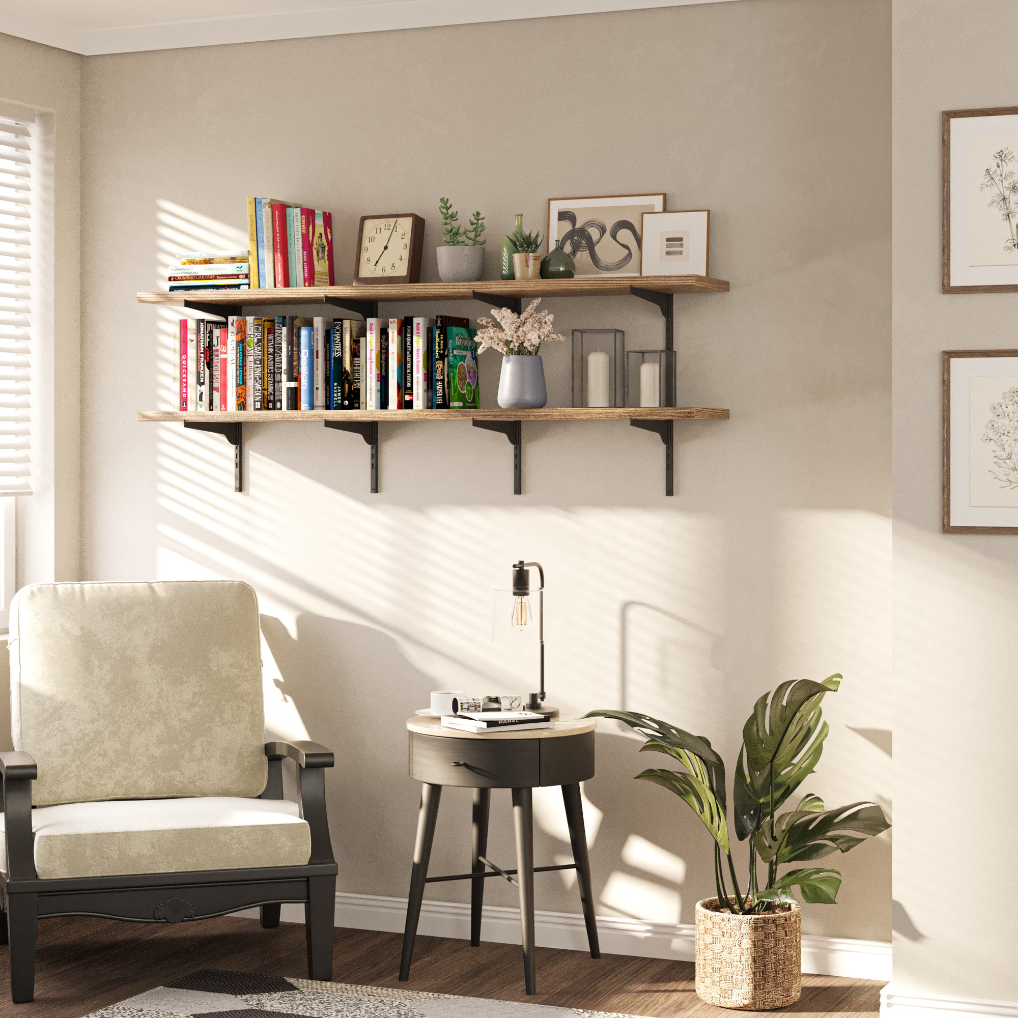 Nest living room with a 60 inch long 2 tier bookshelf, armchair, and small table.
