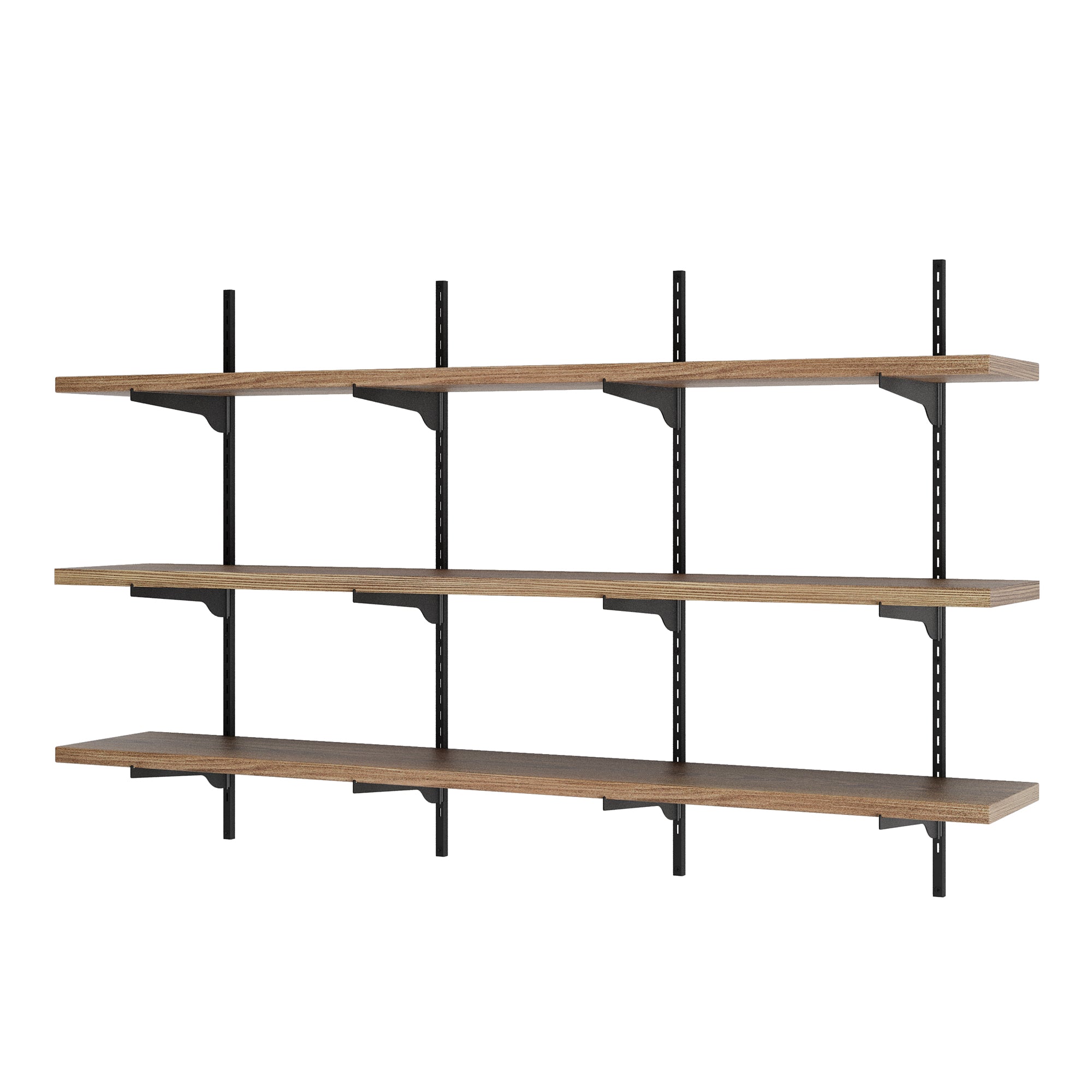 3 tier adjustable shelves with black metal brackets and rails on a white background
