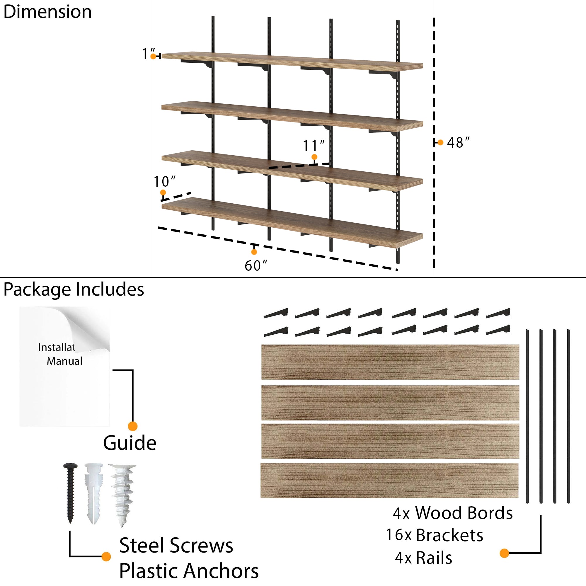 Dimension and package layout showing 60"x10"x1" wood boards, 48" rail height, 16 brackets, screws, anchors, and installation guide included for easy setup.
