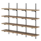 Set of wooden shelves with black metal brackets on a white background