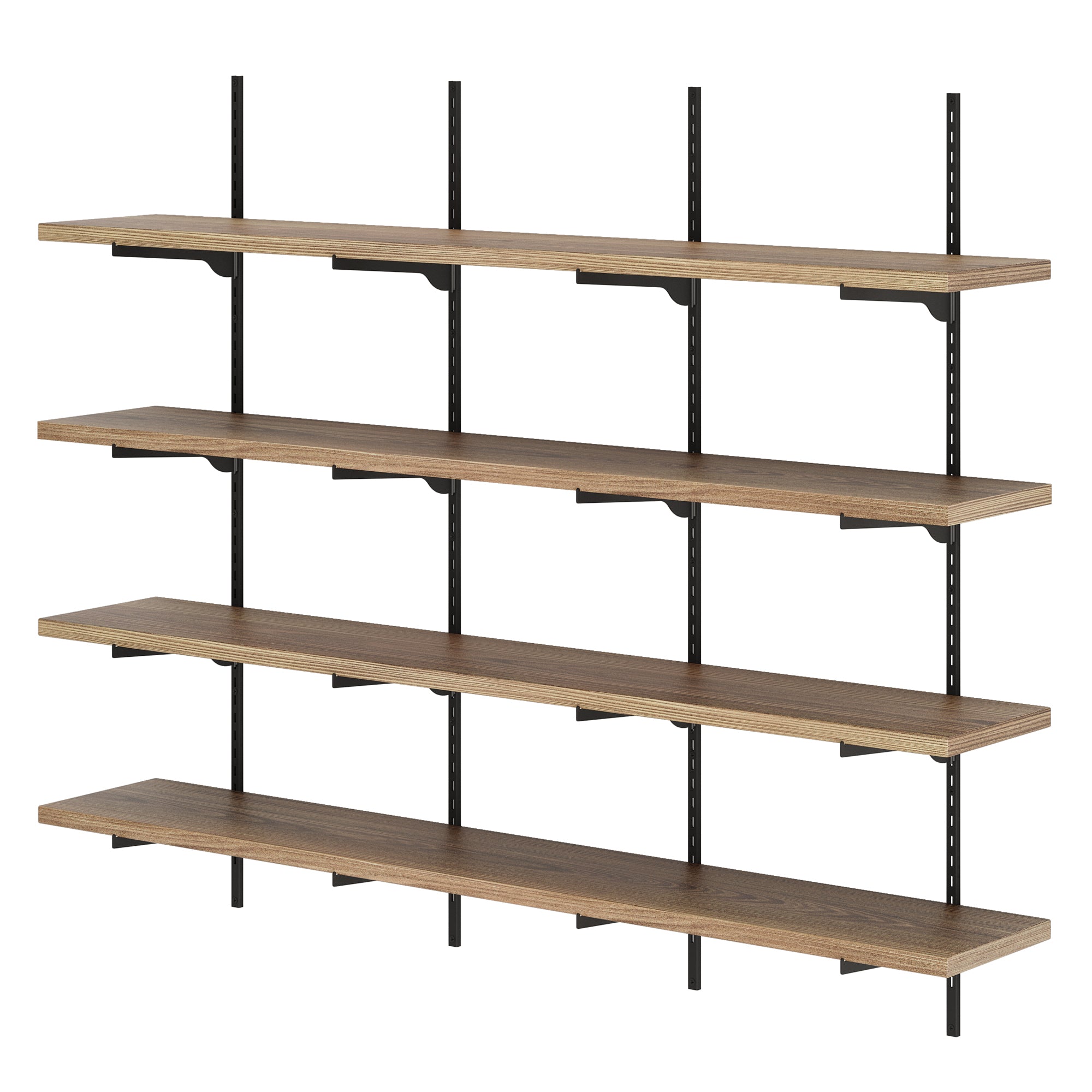 Set of wooden shelves with black metal brackets on a white background