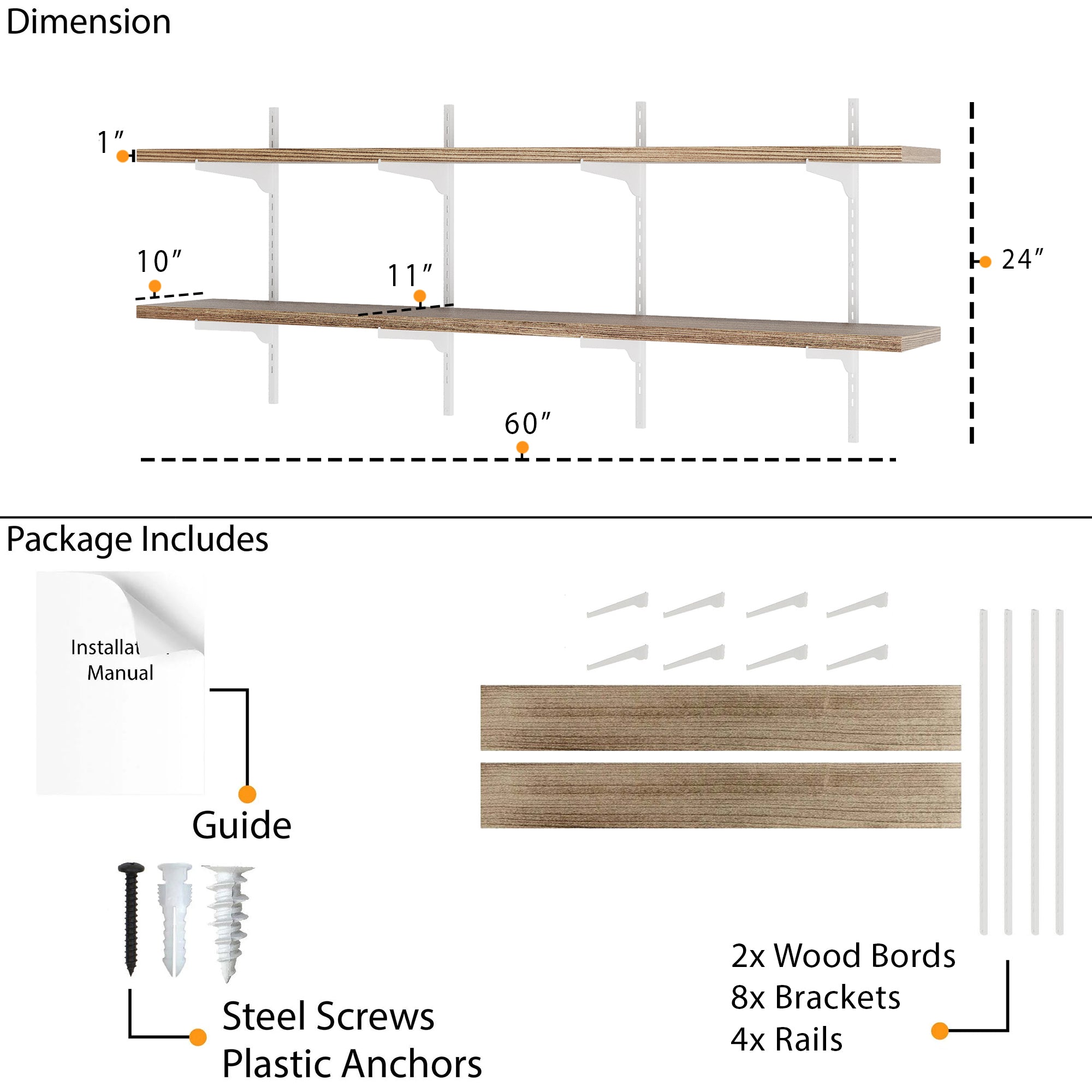 Dimension and package layout showing 60"x10"x1" wood boards, 24" rail height, 8 brackets, screws, anchors, and installation guide included for easy setup.