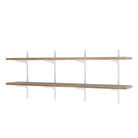 2 tiered real wood wall shelving unit with metal brackets on a white background
