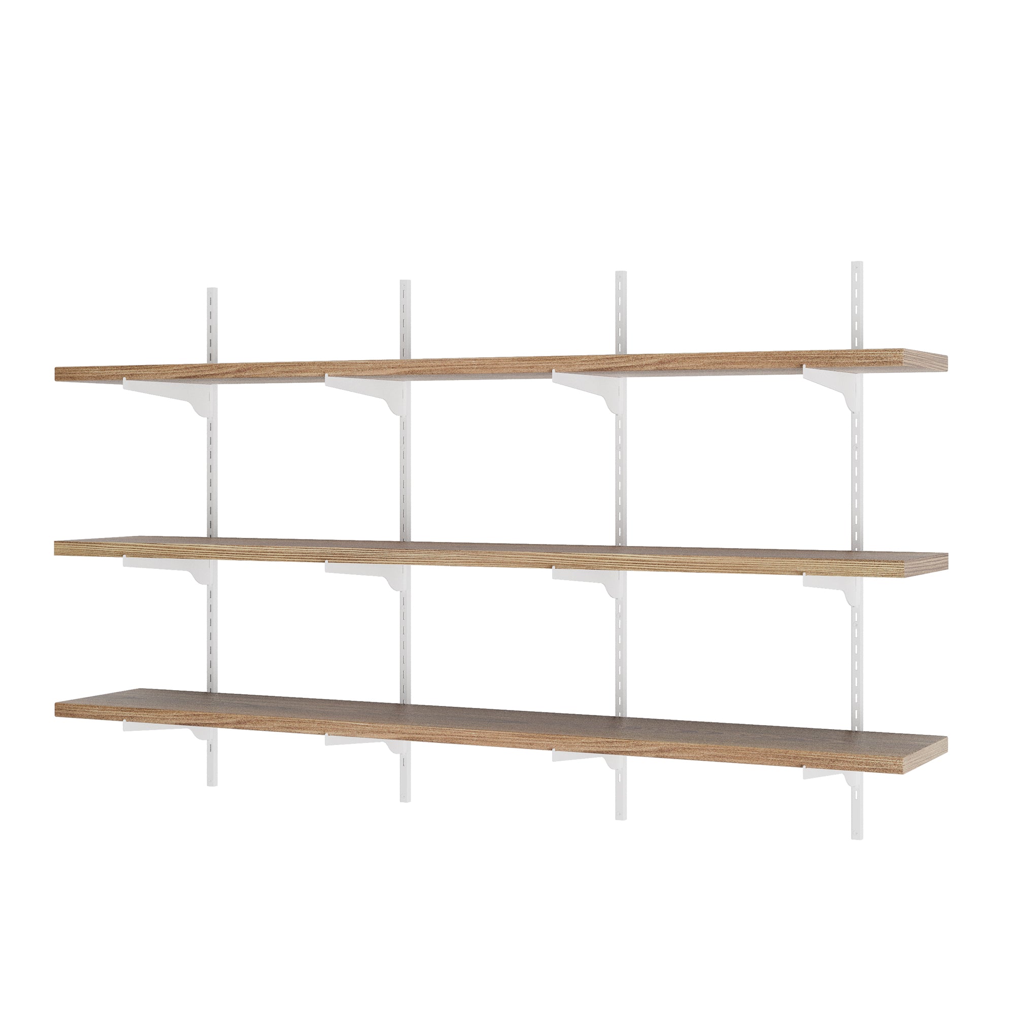 Set of three wooden shelves with white metal brackets on a white background