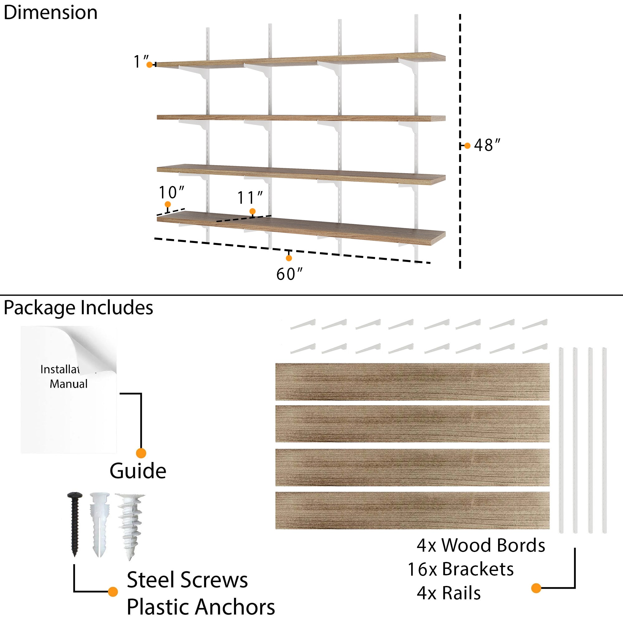 Dimension and package layout showing 60"x10"x1" wood boards, 48" rail height, 16 brackets, screws, anchors, and installation guide included for easy setup.