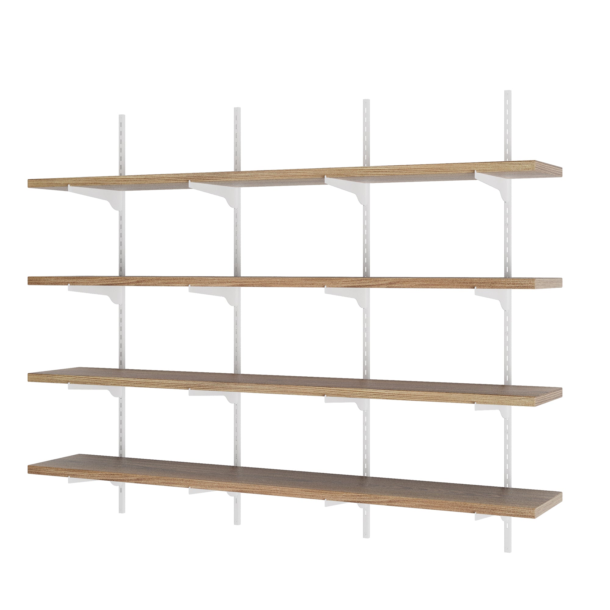 Set of 4 rustic shelves with white metal brackets on a white background
