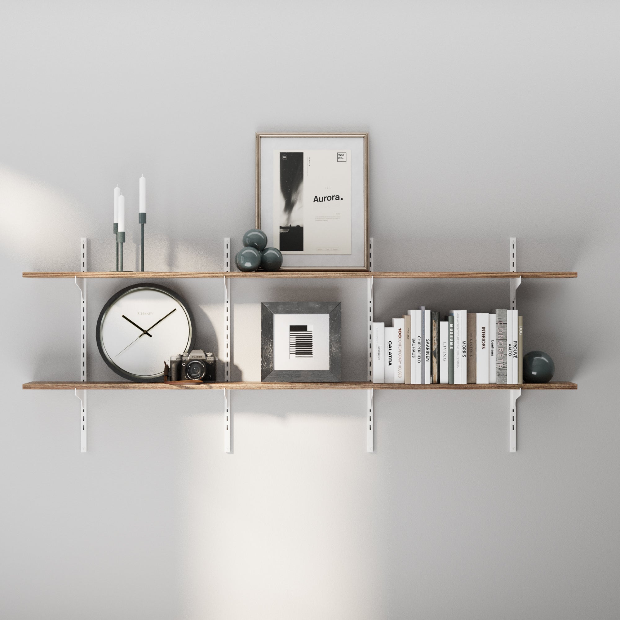 2 tiered adjustable wall shelf with decorative items against a gray wall