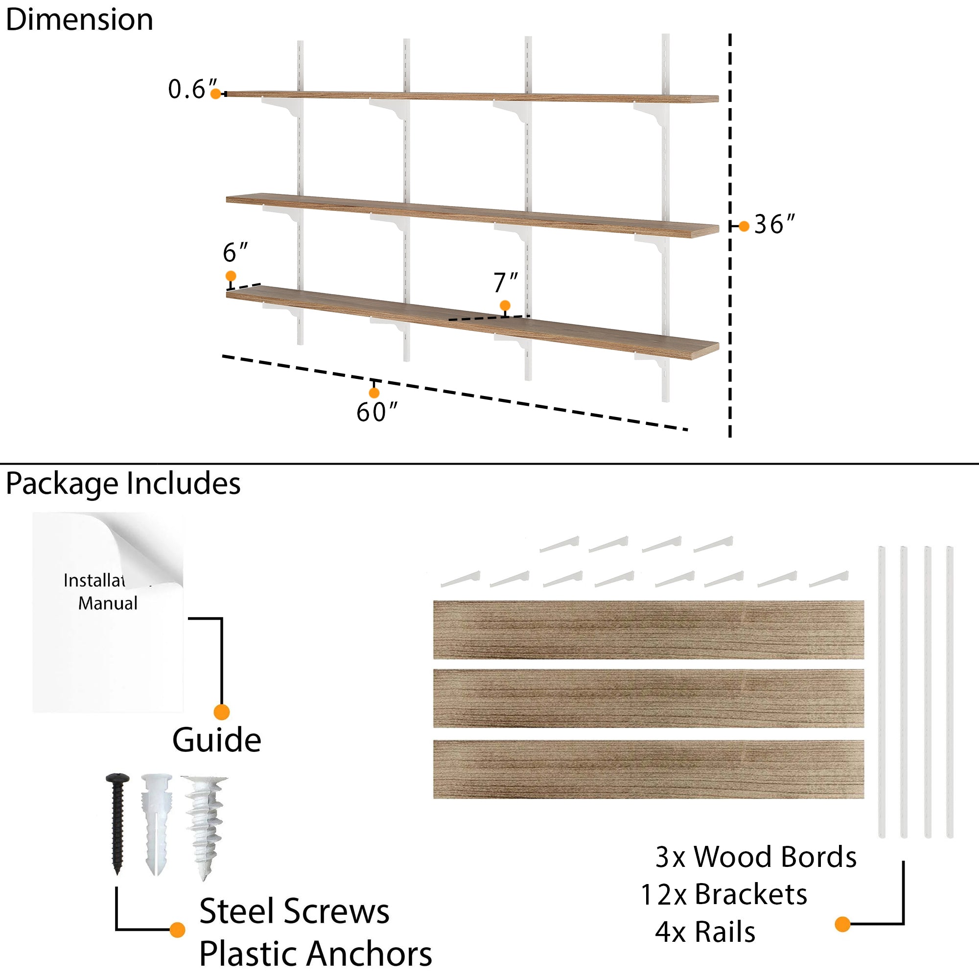 Dimension and package layout showing 60"x6"x0.6" wood boards, 36" rail height, 12 brackets, screws, anchors, and installation guide included for easy setup.