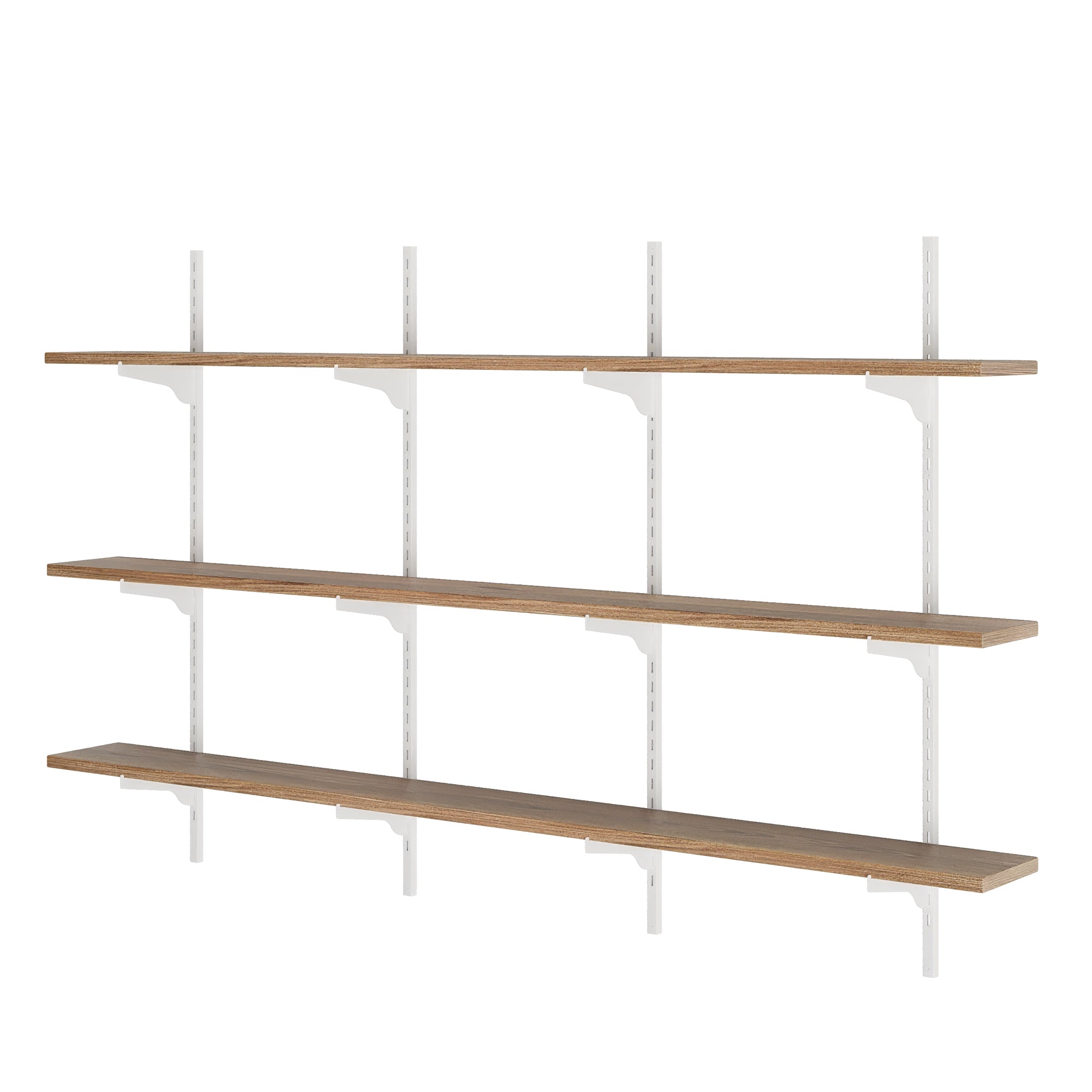 Three tiered hanging shelf with white metal brackets on a white background