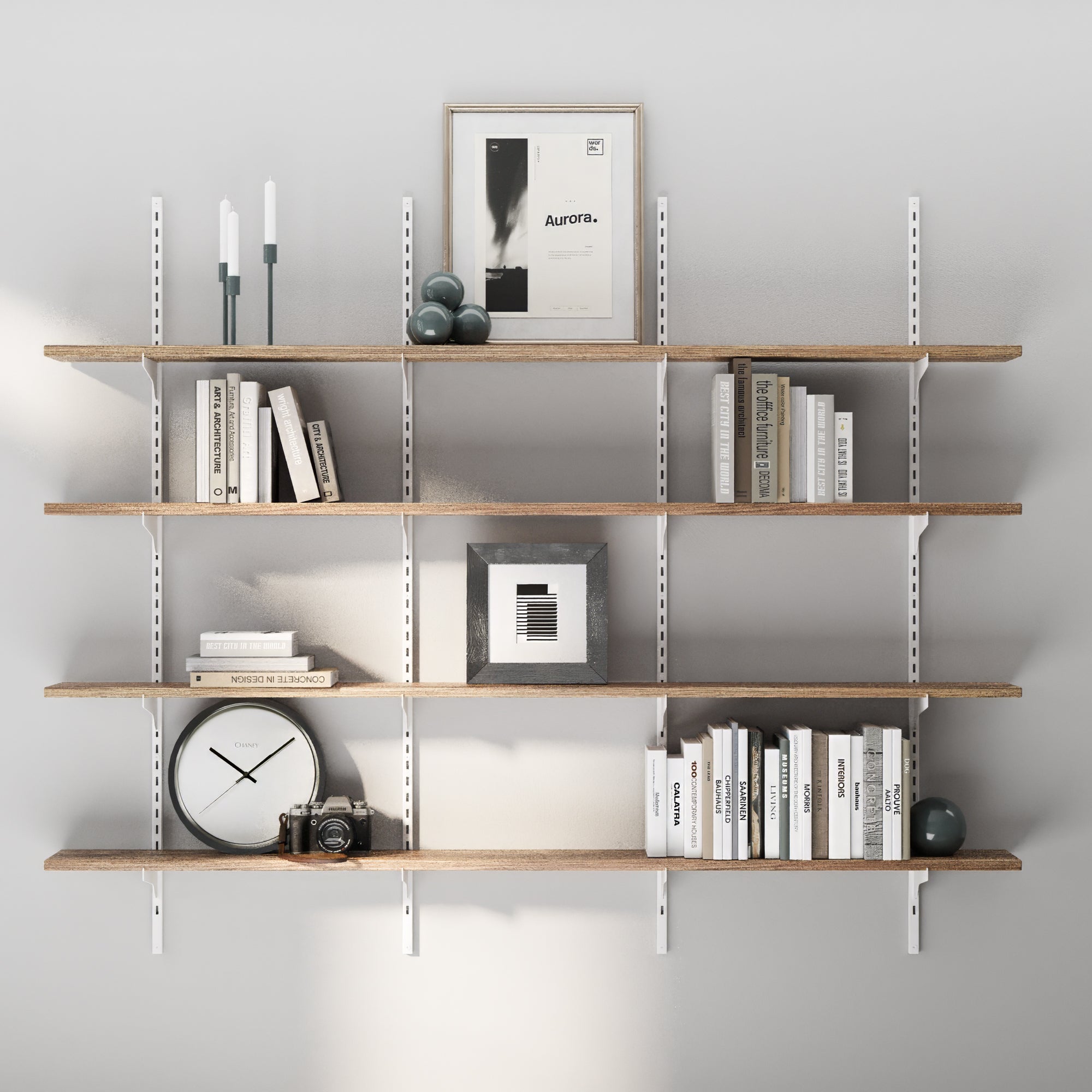 4 tiered wall mounted shelving unit with books, a clock, and decorative items against a gray wall.