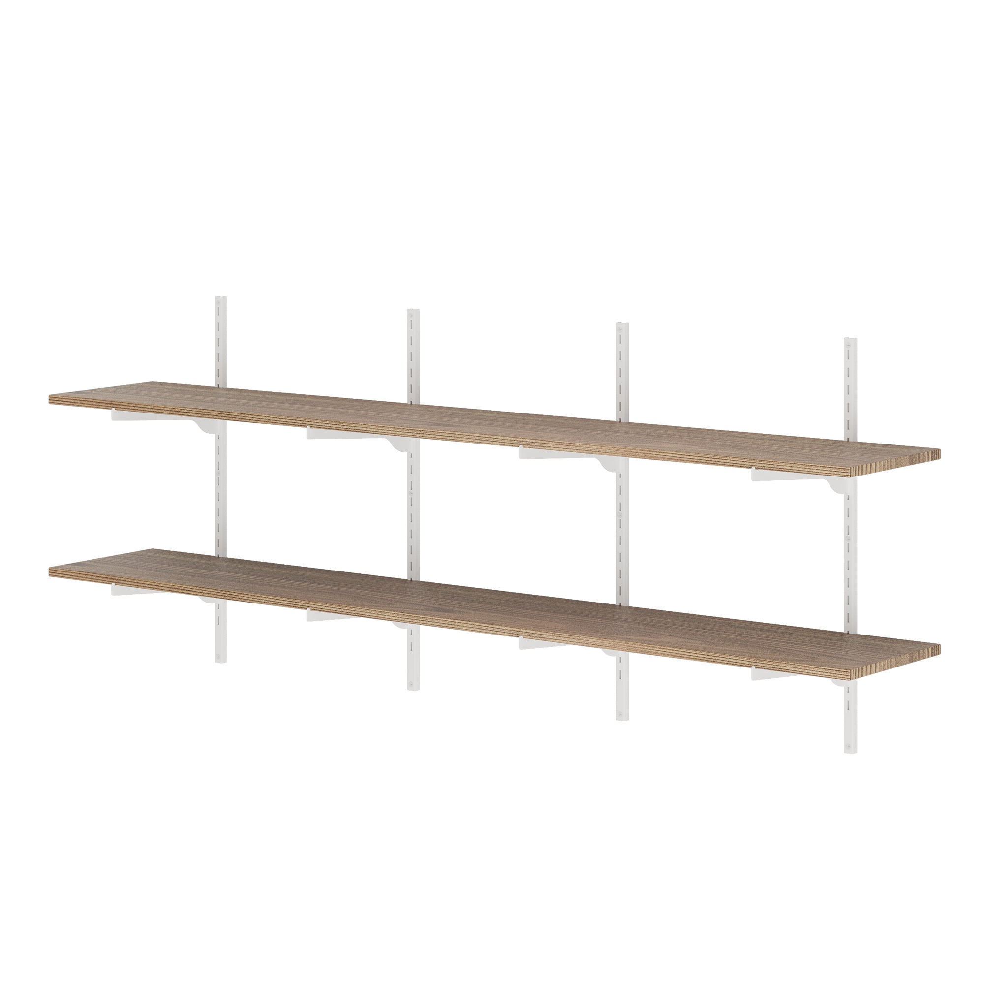 Two extra-long floating shelves with white adjustable rails and warm wood boards, highlighting the clean, minimal structure.