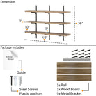 Dimension and package layout of a 3-tier shelf set with 48" width, 36" rail height, 10–11" depth, and 1" thickness. Includes 3 rails, 3 wood boards, 9 metal brackets, screws, anchors, and installation guide.