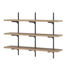 A three-tier wall-mounted shelving unit with black metal rails and brackets paired with warm wood boards, showcasing a sturdy, adjustable design.