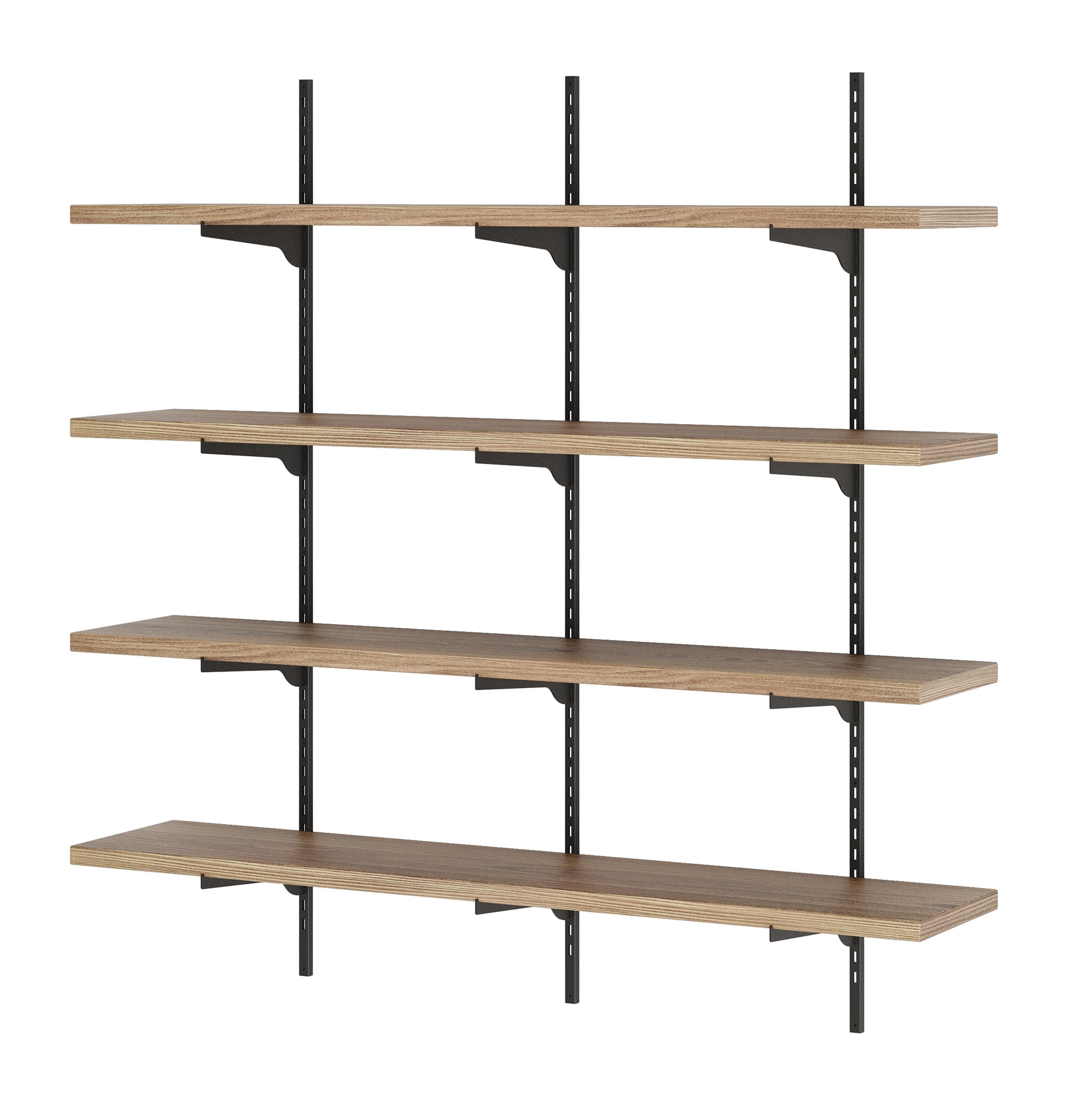 A four-tier adjustable shelving unit with black metal rails and brackets paired with warm wood boards, highlighting its sturdy, modular design.