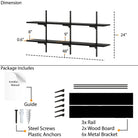 A 2-tier black shelf set, 48" wide and 24" rail height. Features 8–9" depth and 0.6" thickness. Includes 3 rails, 2 wood boards, 6 metal brackets, screws, anchors, and manual.